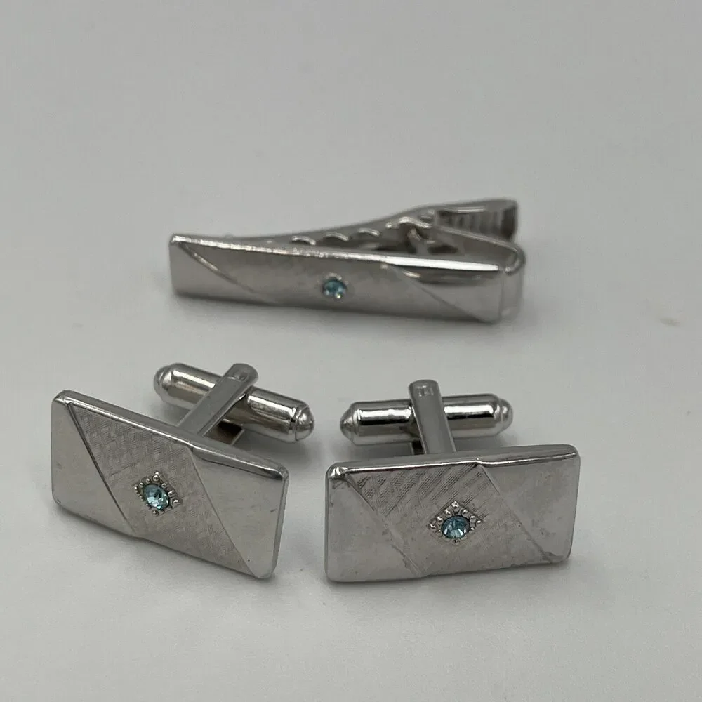 Sarah Coventry Silver Tone Men's Cuff Link & Tie Clip Set Aqua/Light Blue Stone